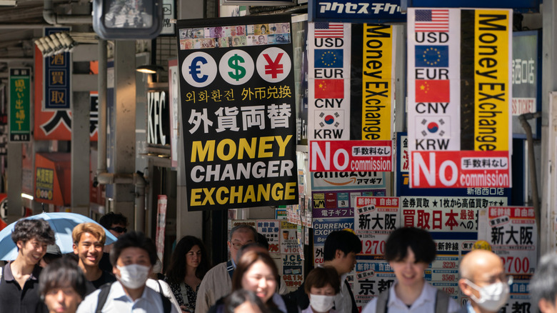 Currency exchange in busy city