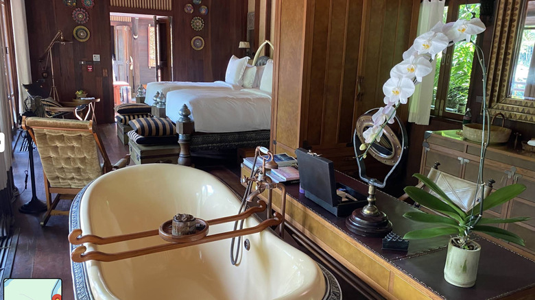 Interior view of luxury tent camp lodging at Four Seasons Golden Triangle all-inclusive resort in Thailand
