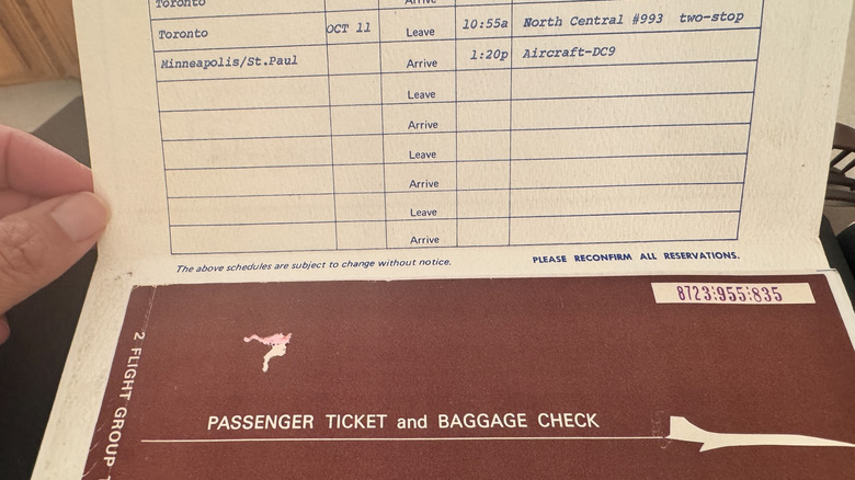 Vintage airline ticket from the late 1970s, showing departure times from MSP and Toronto airports, from North Central Airlines