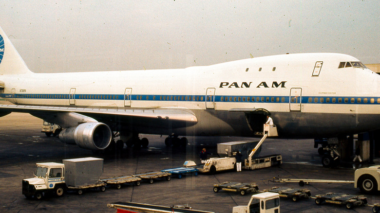 Pan American World Airways 747 jet airplane parked at Heathrow Airport in November, 1973