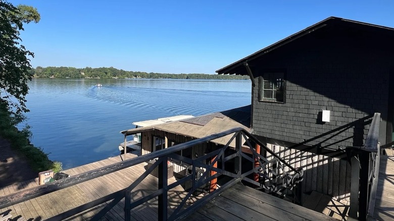 The exterior of Stout's Island Lodge, overlooking a lake in northern Wisconsin near Birchwood