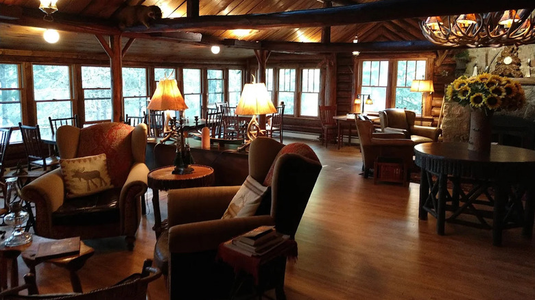 The interior of a lounge in the log cabin-style Spider Lake Lodge, Hayward, Wisconsin