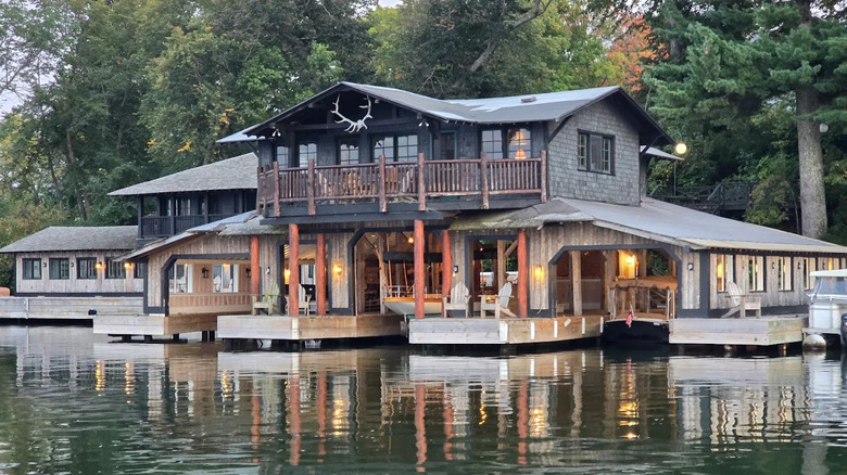 The main lodge of Stout's Island Lodge near Birchwood, Wisconsin, from the water