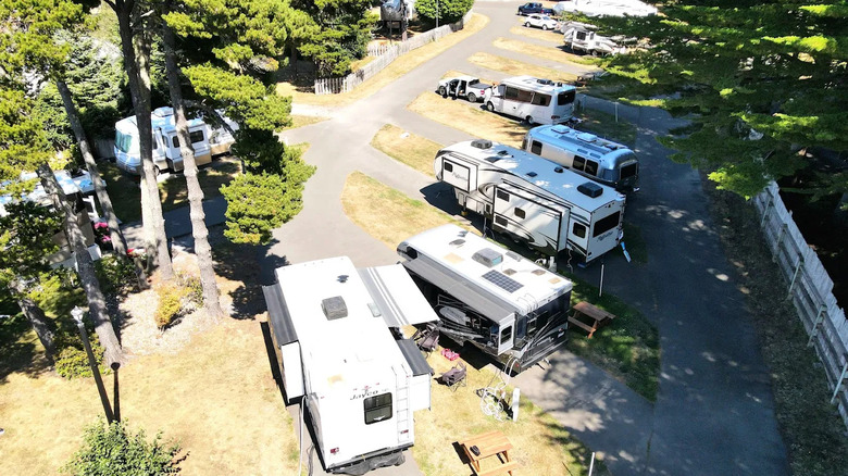 An aerial drone view of RVs parked at Bandon by the Sea RV Park in Bandon, Oregon