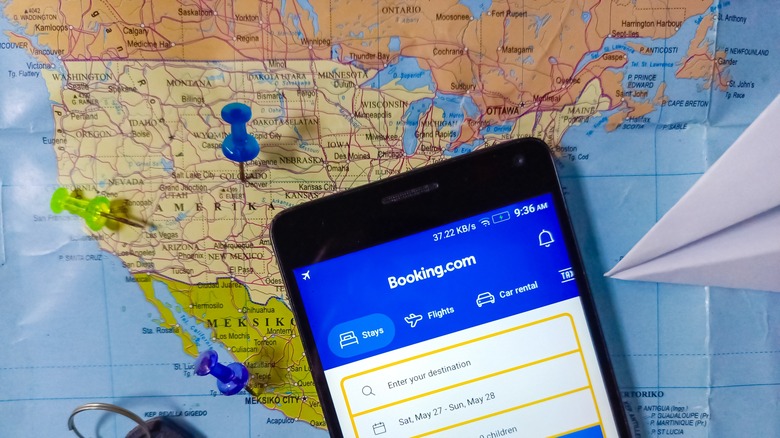 The Booking.com app and a map of North America