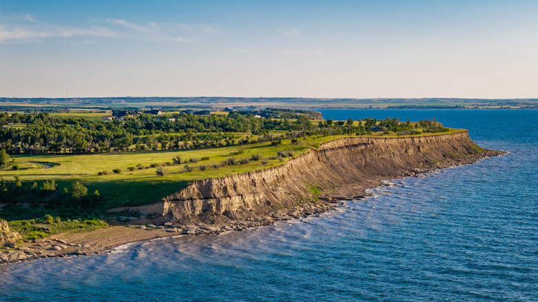 Aerial view of Lake Sakakawea at sunset