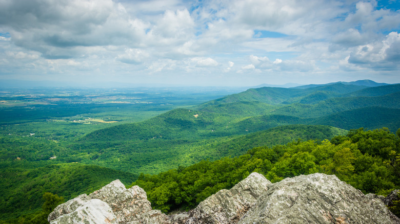 View of the Shenandoah Valley and Blue Ridge Mountains from the rocky summit of Turk Mountain in Shenandoah National Park, Virginia