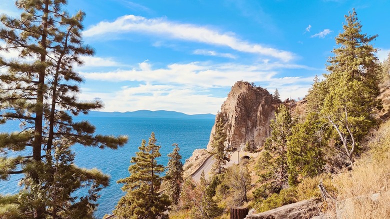 A sunny midday view of Cave Rock Tunnel in Lake Tahoe