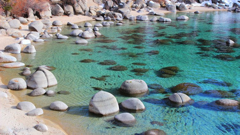 Turquoise, clear waters and granite boulders on the shores of Lake Tahoe