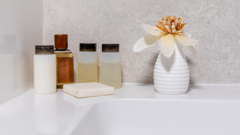 Toiletry bottles in hotel
