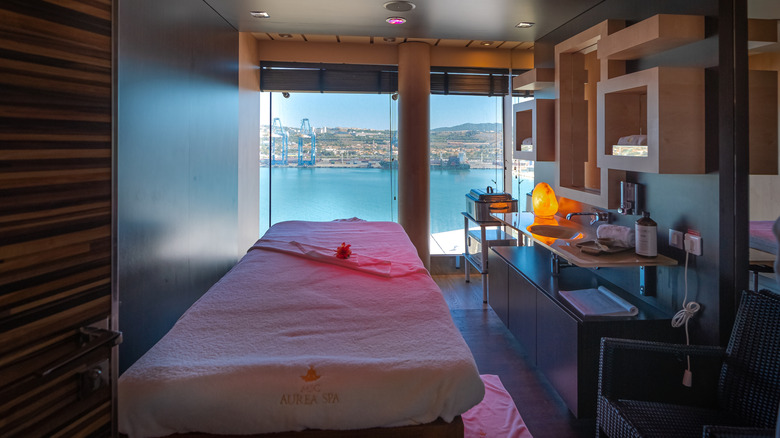Spa onboard the MSC Splendida cruise ship with a view of the port city and blue water out the window