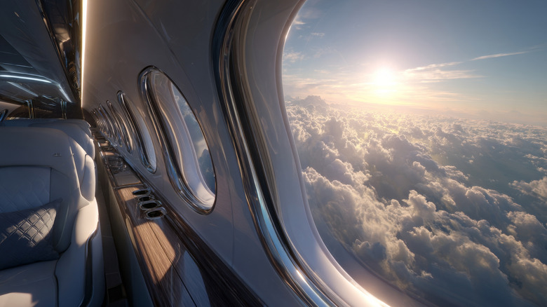 Commercial jet interior with a stunning view of the clouds and the sun through the window
