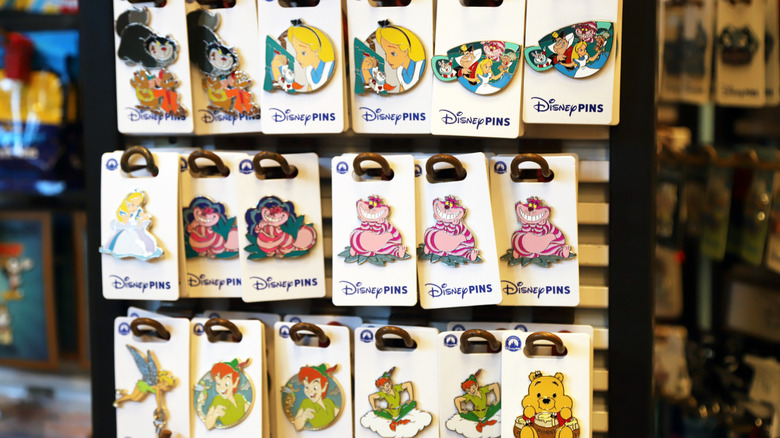 Disney collectible pins inside a store at Walt Disney World