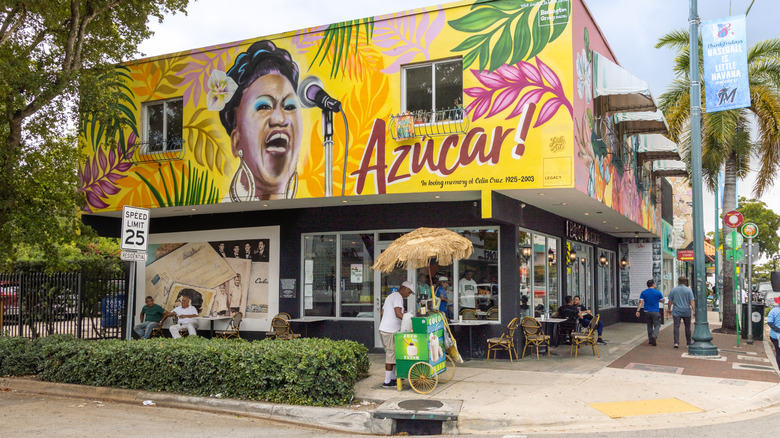 Party Cake Bakery mural above bakery featuring singer Celia Cruz, Little Havana Street, Miami