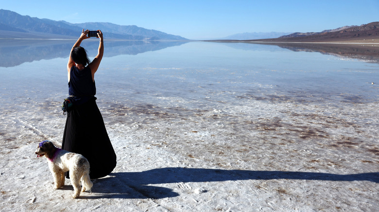A woman takes a photo with her dog at a temporary lake in Badwater Basin, Death Valley National PArk