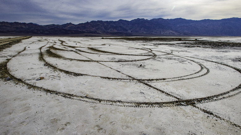 Off road damage to the salt pan at Devil's Golf Course in Death Valley National Park