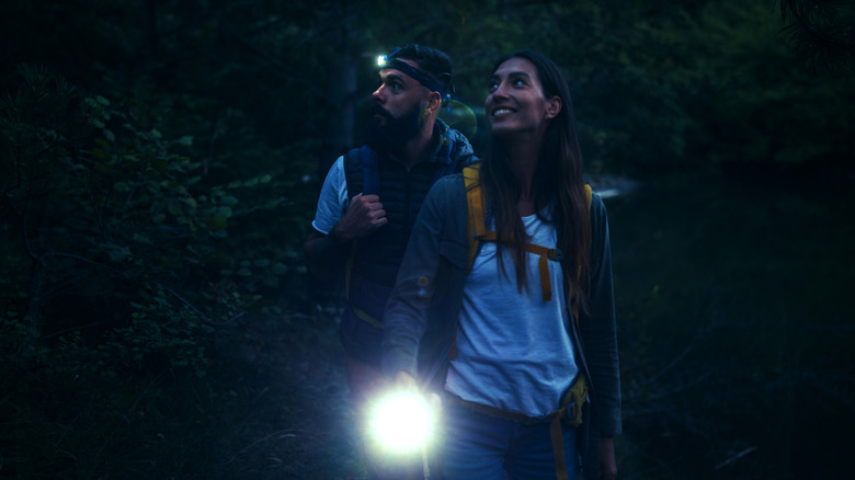 Close up photo of two hikers walking with flashlight and headlamp at night in the woods.