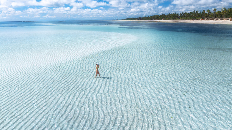 A lone woman on the sandbank in the ocean during low tide in Zanzibar.