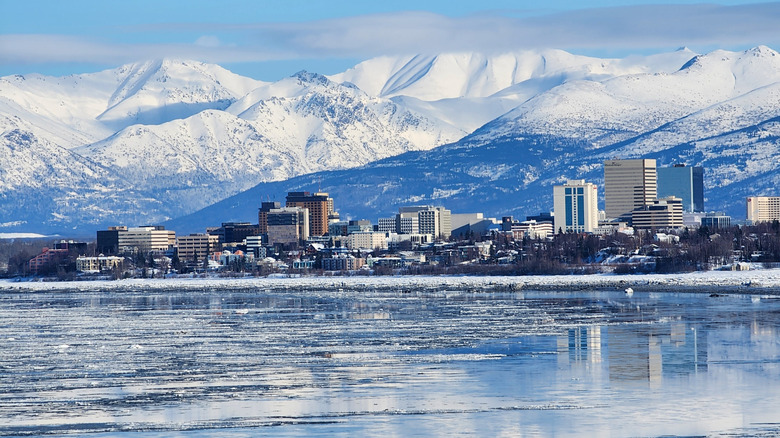 Skyline of Anchorage Alaska on a clear winter day