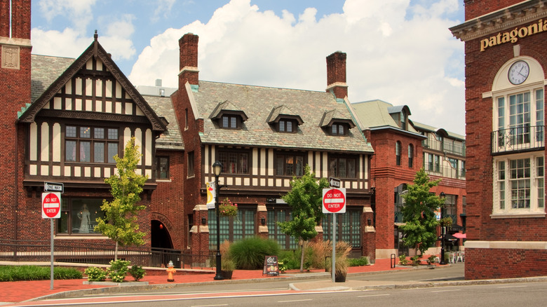 Anthropologie and Patagonia housed in historic brick buildings on Post Road in upscale Westport, Connecticut