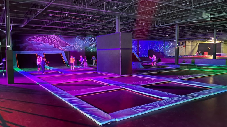 Kids play at Flow Supreme Air Sports trampoline park beneath neon lights.
