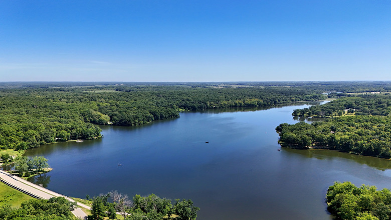 An arial view of Pierce Lake at Rock Cut State Park.