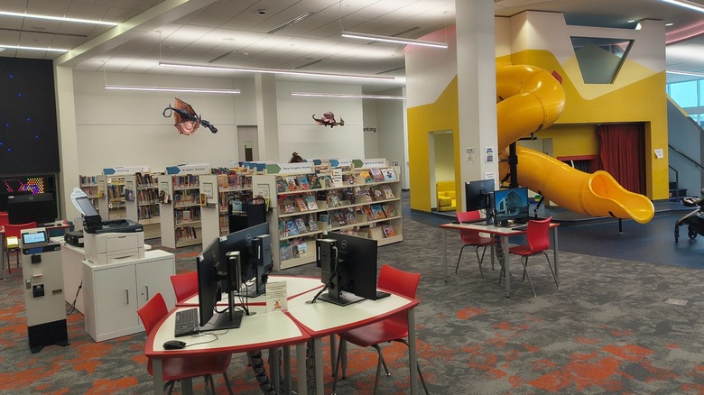 The giant yellow slide in the children's area at the Rockford Public Library, Main Branch.