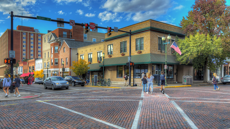 A busy intersection in downtown Athens, Ohio.
