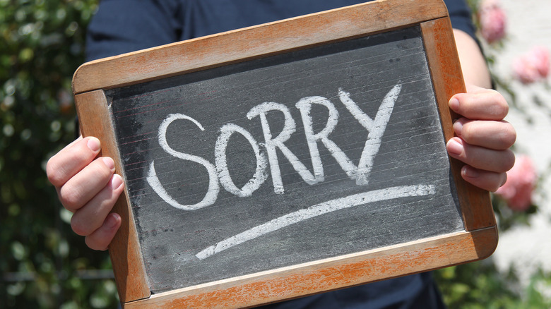 Sorry written with chalk on slate held by a young female