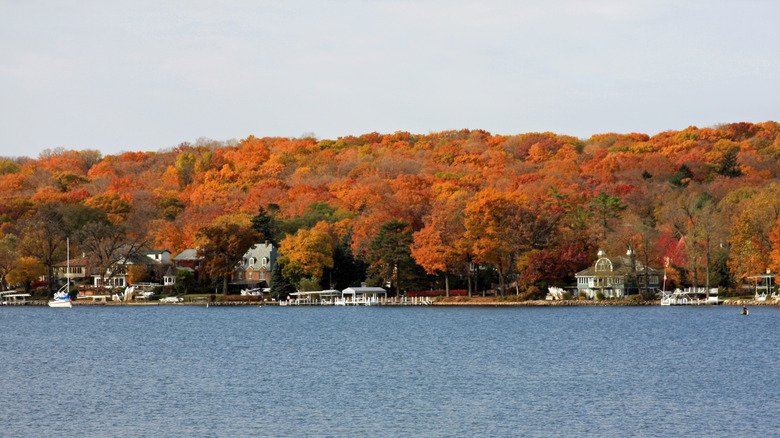 Beautiful fall colors along the shoreline of Geneva Lake in Wisconsin