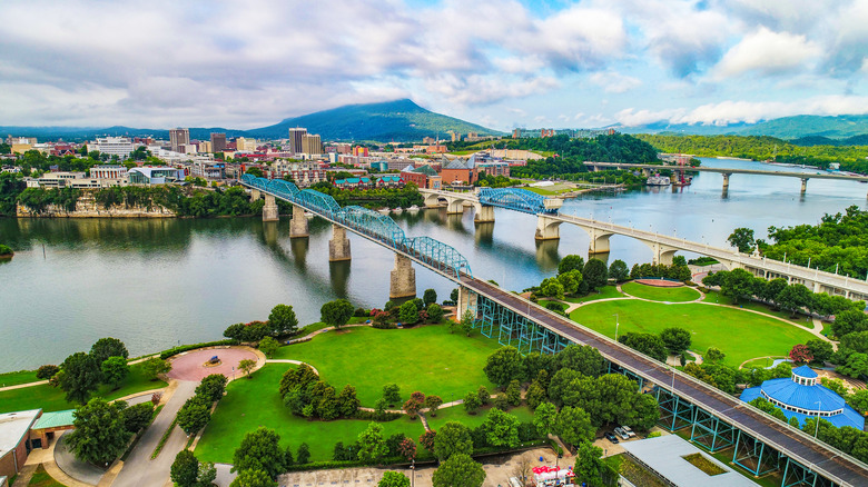 An aerial view of Chattanooga, Tennessee, with bridges leading out of the city