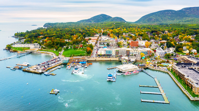 Aerial view of Bar Harbor, Maine with mountains in the background