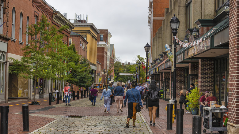 Salem, Massachusetts main street with shops and people walking