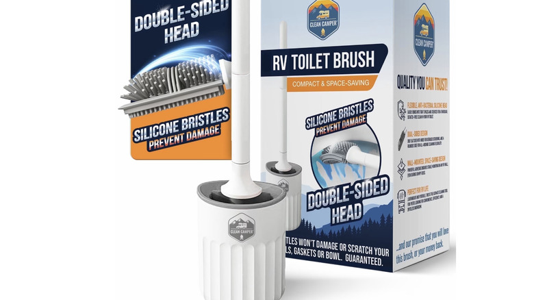 View of Clean Camper toilet brush with packaging that promises a double-sided head and silicon bristles