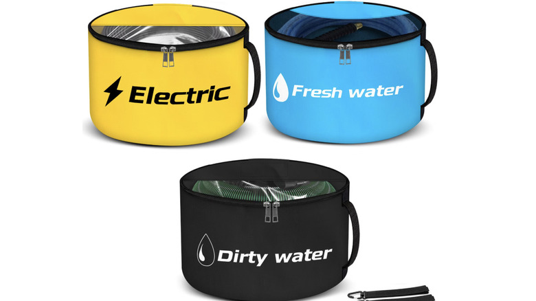 Three colored RV storage bags for electric cords, fresh water hose, and dirty water hose on a white background