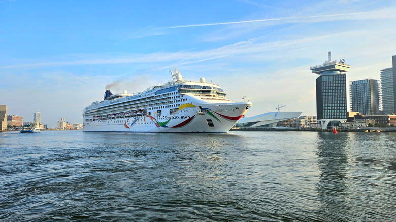 View of Norwegian Dawn cruise ship leaving the Port of Amsterdam, Netherlands