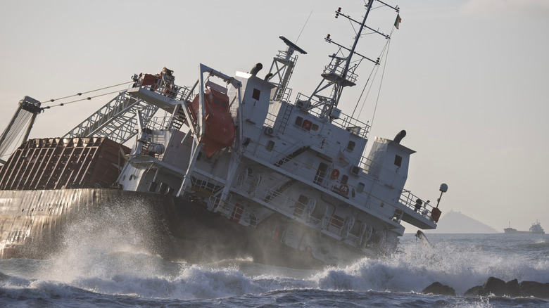 Ship being rocked in stormy seas