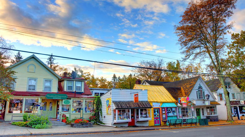 Street view of colorful shops in Woodstock, New York