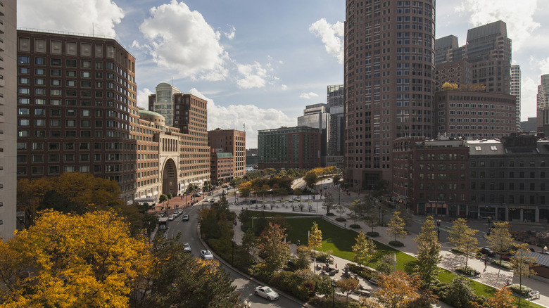 Aerial view over Boston's Rose Kennedy Greenway