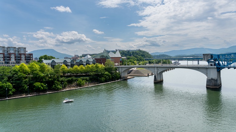Aerial view of wooded riverbanks and bridge in Chattanooga, Tennessee