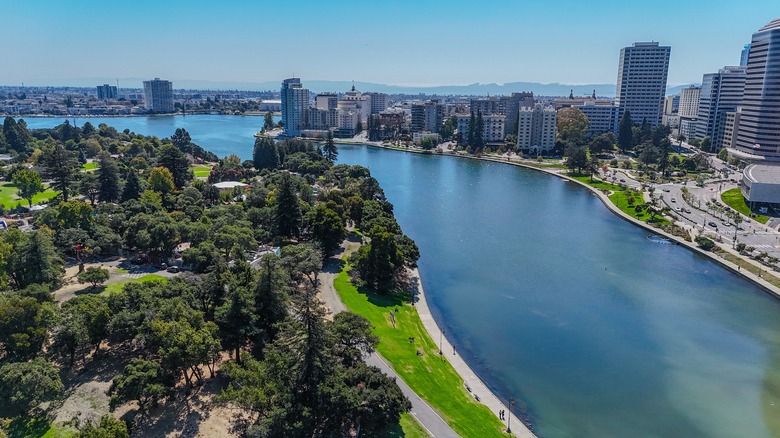 Aerial view over lagoon and downtown Oakland, California
