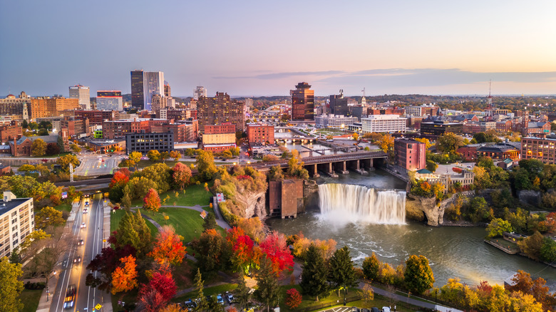 Aerial view of downtown Rochester, New York, with waterfall and fall colors