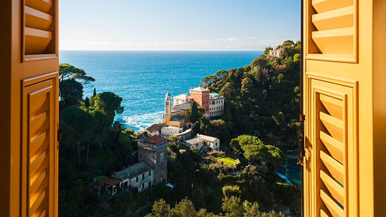 Open window with a view of the sea in Portofino, Italy