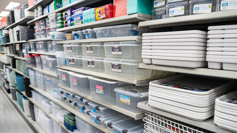 Aisle of clear plastic bins