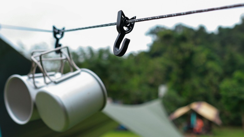 A gear line hanging at a campsite