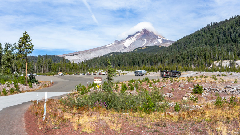 RVs camped at White River West Sno-Park in Mount Hood National Forest in Oregon