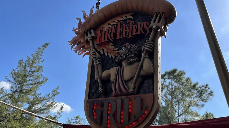 Ancient Greek-inspired exterior sign for Fire Eater's Grill at Universal Islands of Adventure.