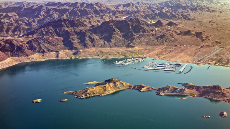 Aerial view of Lake Mead on a sunny day