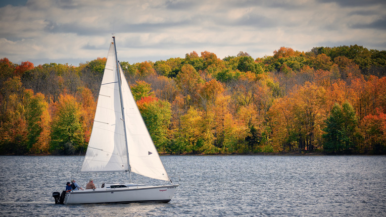 Sailboat on lake during fall at Nockamixon State Park