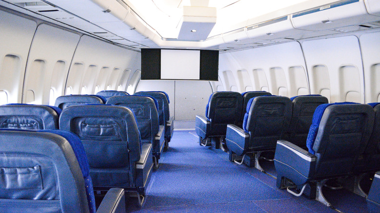 Airplane seats with a move projector screen at the front of the cabin